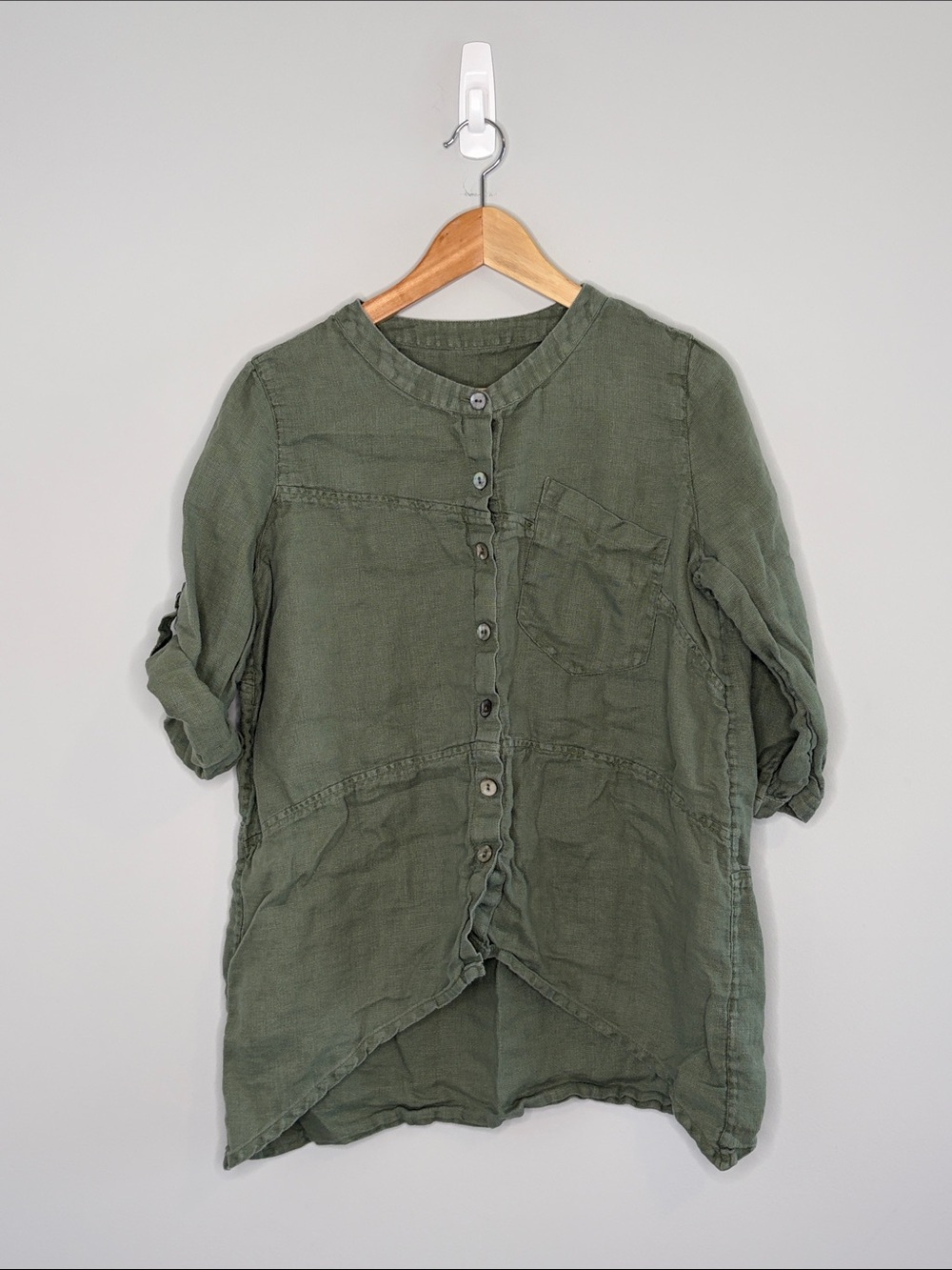 Relaxed Button-Front Tunic in Olive Green